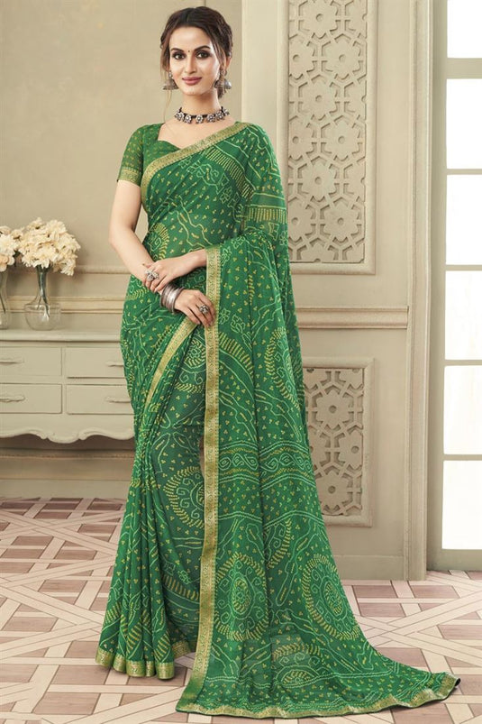 Chiffon Green Color Casual Bandhani Print Saree