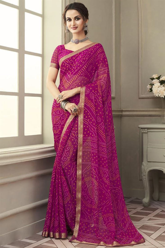 Magenta Color Chiffon Fabric Bandhani Print Casual Saree