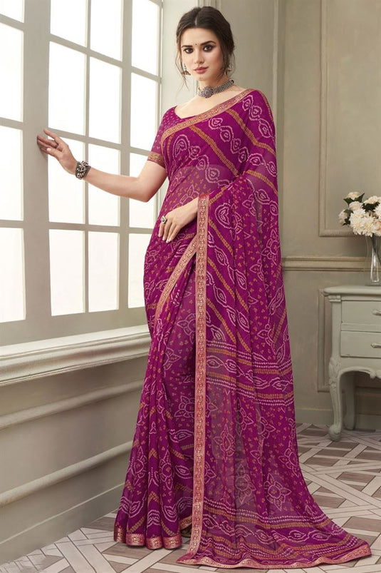 Magenta Regular Wear Bandhani Print Saree In Chiffon Fabric