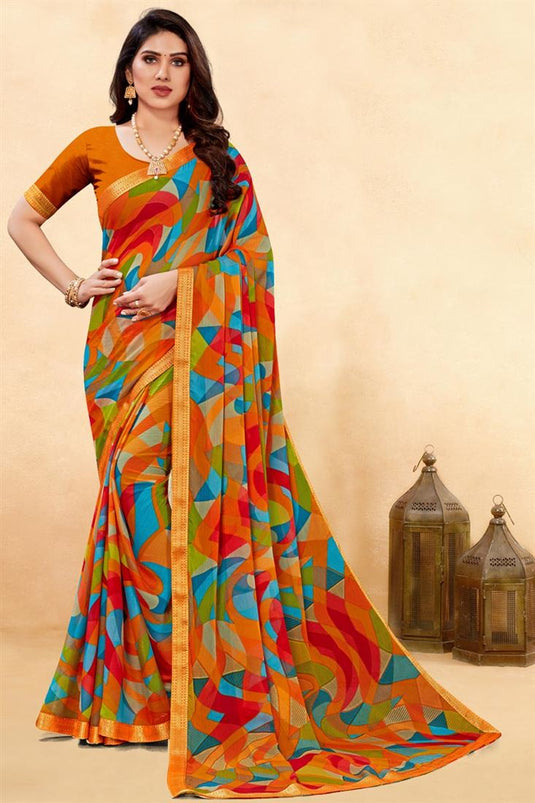 Chiffon Fabric Printed Saree In Multi Color