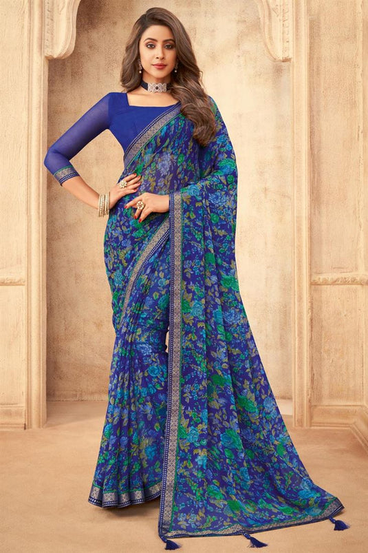 Chiffon Fabric Daily Wear Floral Printed Navy Blue Color Saree