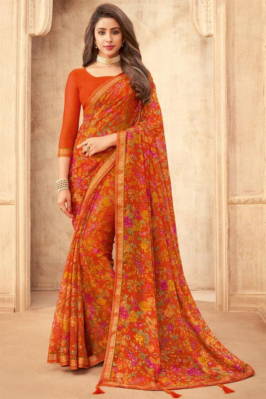 Chiffon Fabric Daily Wear Floral Printed Saree In Orange Color