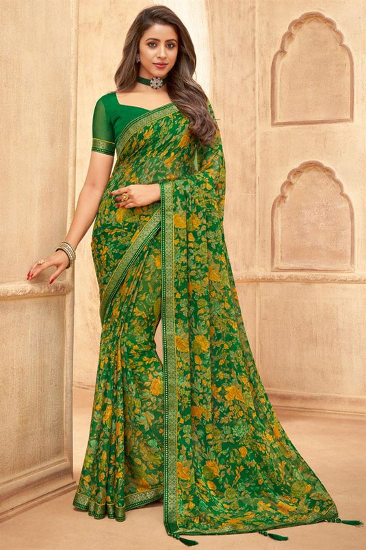 Green Color Chiffon Fabric Floral Printed Daily Wear Saree