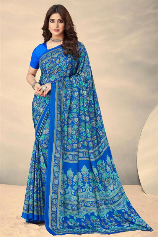 Blue Color Crepe Silk Fabric Casual Wear Printed Uniform Saree