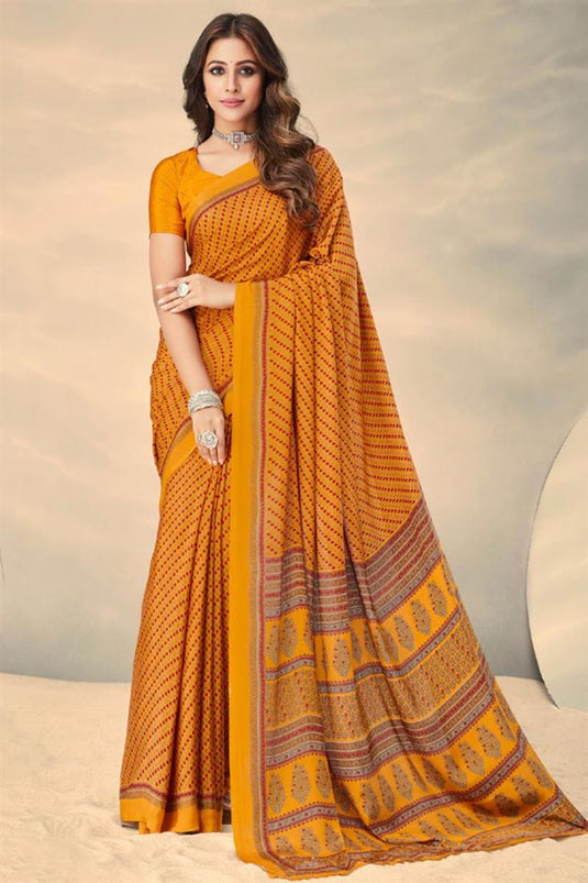 Mustard Color Crepe Silk Fabric Beautiful Printed Uniform Saree