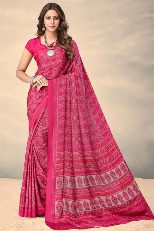 Pink Color Printed Uniform Saree In Crepe Silk Fabric