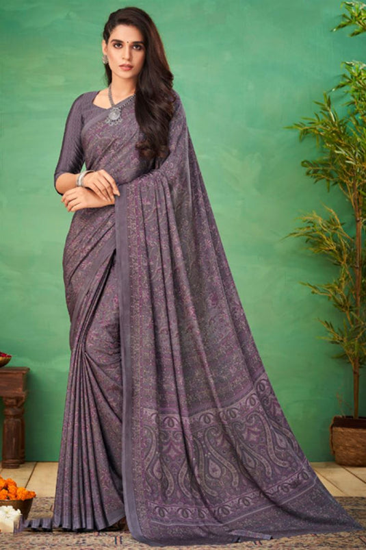 Crepe Silk Fabric Purple Color Uniform Saree