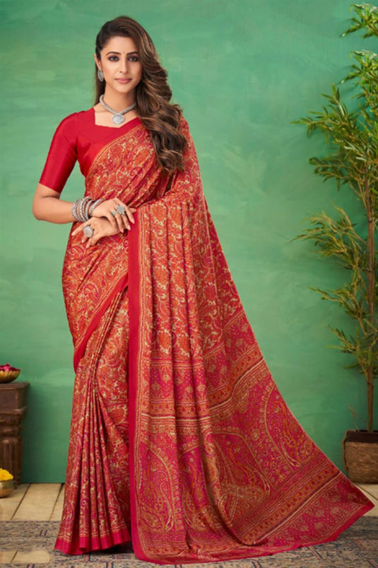 Red Color Daily Wear Uniform Saree In Crepe Silk Fabric