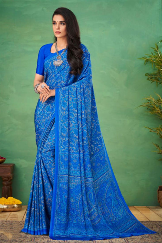 Crepe Silk Fabric Blue Color Lovely Uniform Saree