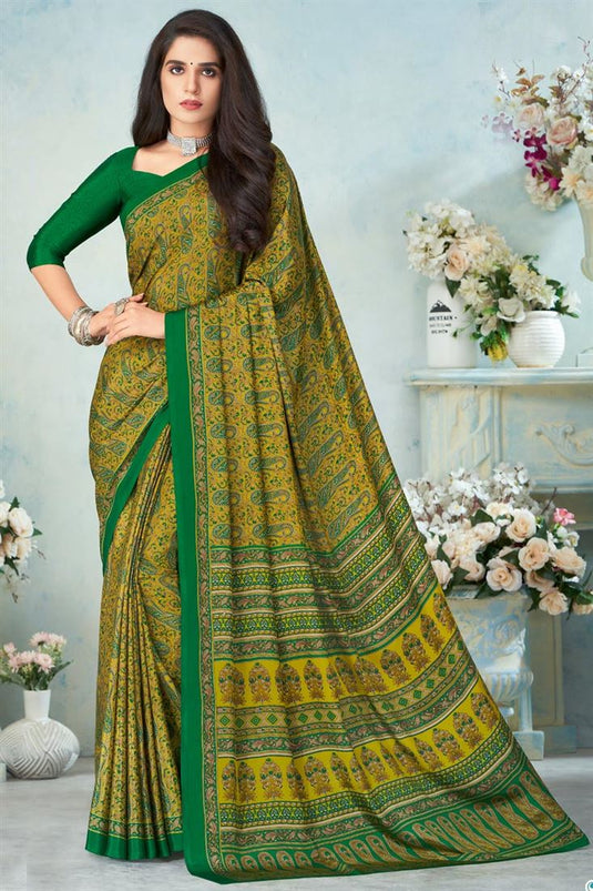 Appealing Green Color Crepe Silk Fabric Casual Wear Printed Uniform Saree
