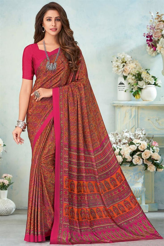 Engaging Pink Color Daily Wear Crepe Silk Fabric Printed Uniform Saree