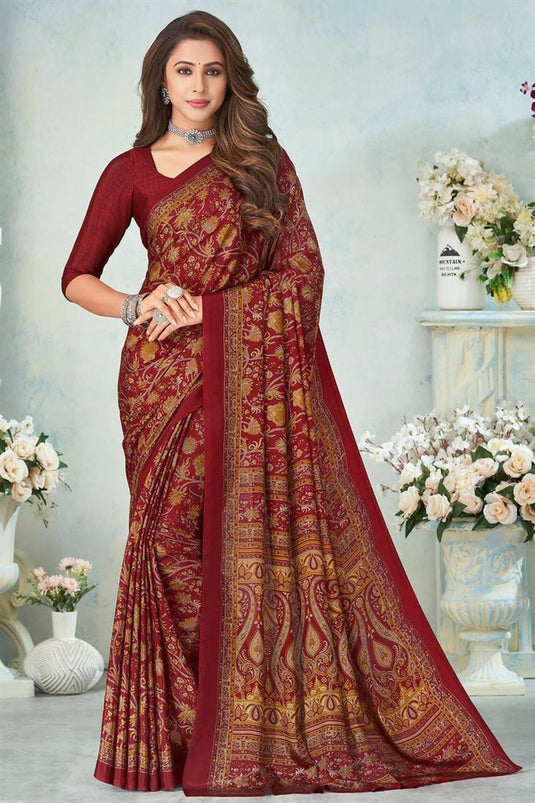 Maroon Color Crepe Silk Fabric Casual Wear Magnificent Printed Work Uniform Saree