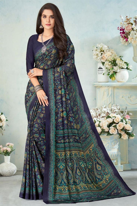 Crepe Silk Fabric Daily Wear Printed Uniform Saree In Artistic Navy Blue Color