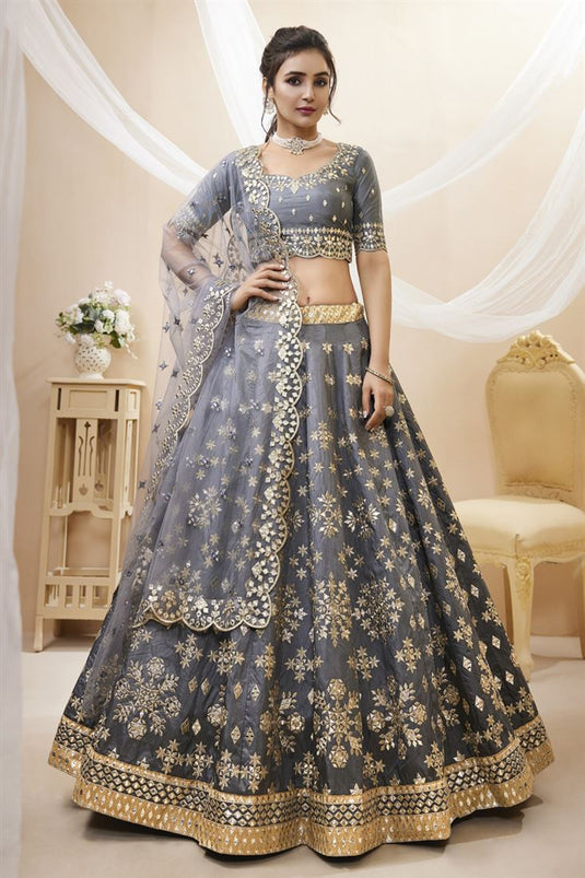 Art Silk Fabric Embroidered Sangeet Wear Designer Lehenga Choli In Blue  Color