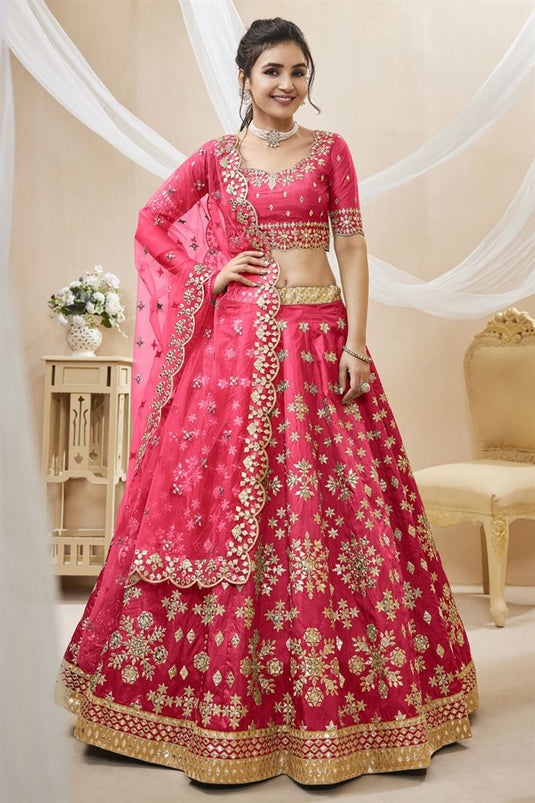 Tempting Art Silk Fabric Pink Color Lehenga Choli With Embroidered Work
