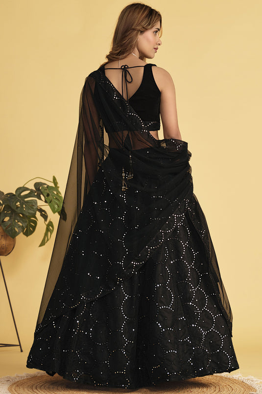 Georgette Fabric Black Color Gorgeous Look Sequins Work Lehenga