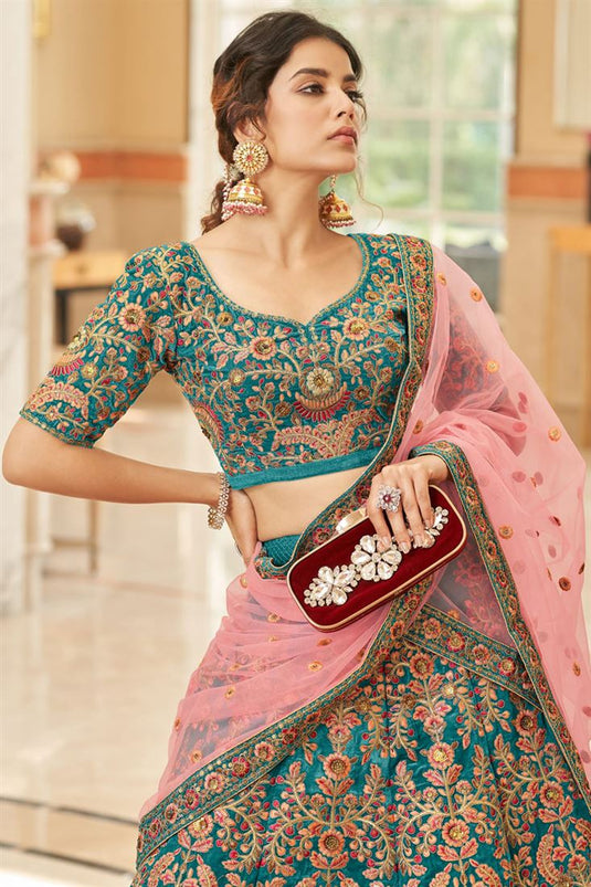 Teal Color Sangeet Wear Velvet Fabric Charismatic Lehenga