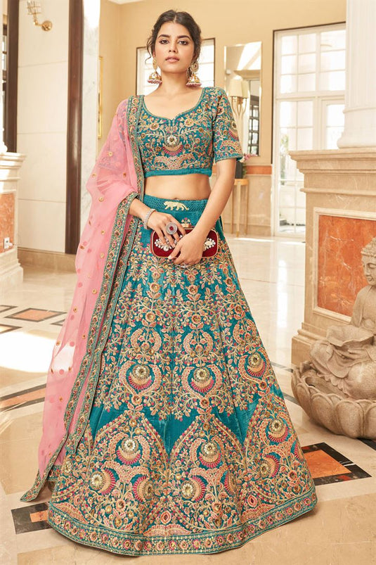 Teal Color Sangeet Wear Velvet Fabric Charismatic Lehenga