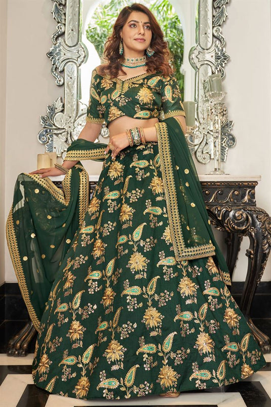 Art Silk Fabric Sangeet Wear Dark Green Color Phenomenal Lehenga