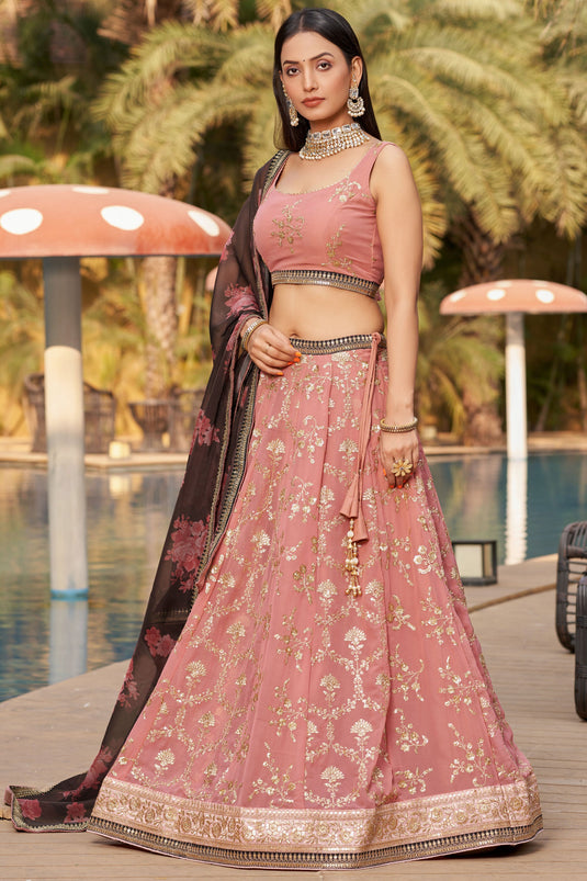 Engaging Pink Color Georgette Fabric Lehenga With Sequins Work