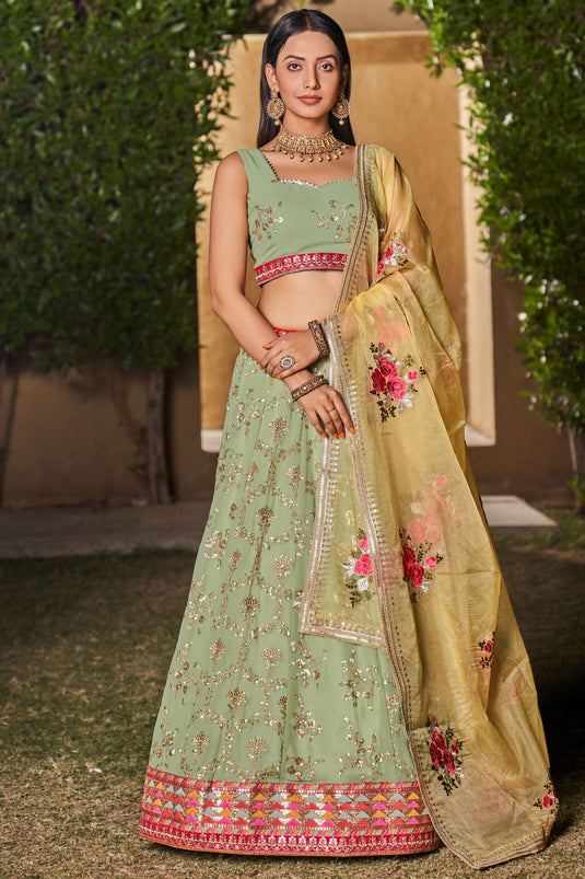 Trendy Georgette Fabric Sea Green Color Lehenga With Sequins Work