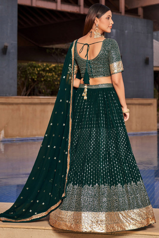 Sequins Work On Georgette Fabric Dark Green Color Gorgeous Lehenga