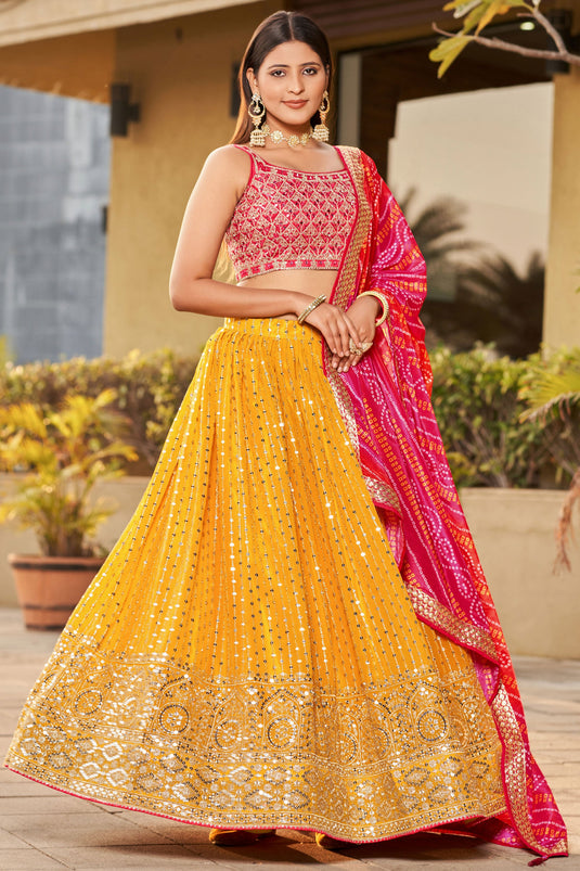 Graceful Georgette Fabric Yellow Color Lehenga With Sequins Work