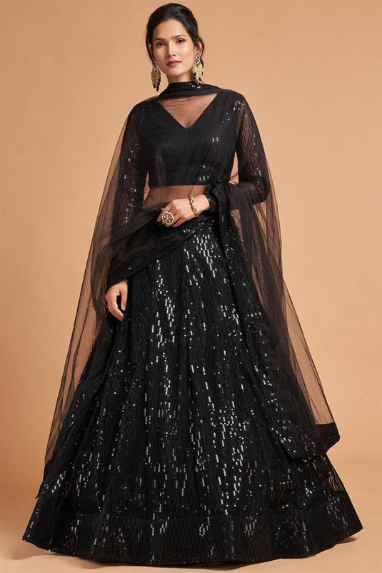 Net Fabric Black Color Sangeet Wear Royal Lehenga With Embroidered Work