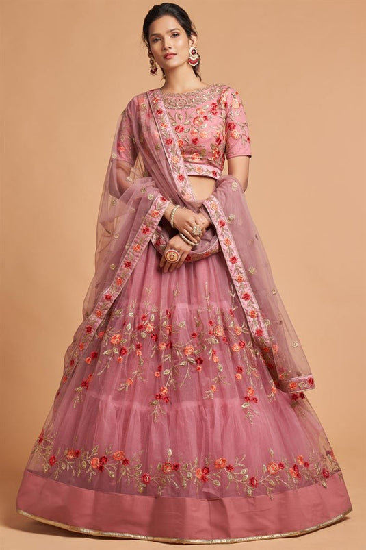 Pink Color Net Fabric Trendy Textured Embroidered Lehenga In Sangeet Wear