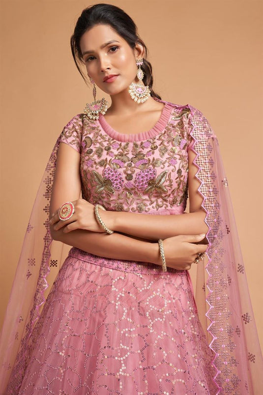 Pink Color Enthralling Sangeet Wear Net Fabric Lehenga With Embroidered Work