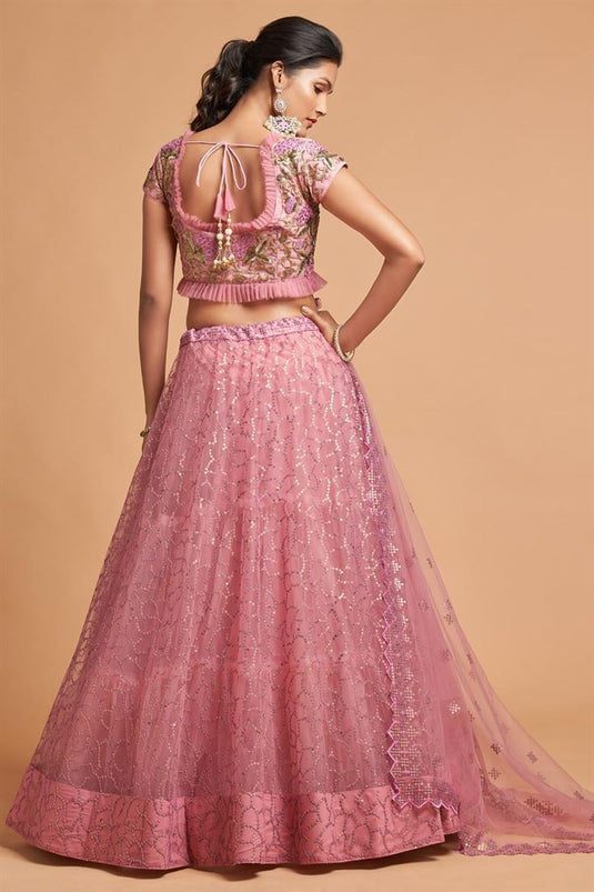 Pink Color Enthralling Sangeet Wear Net Fabric Lehenga With Embroidered Work