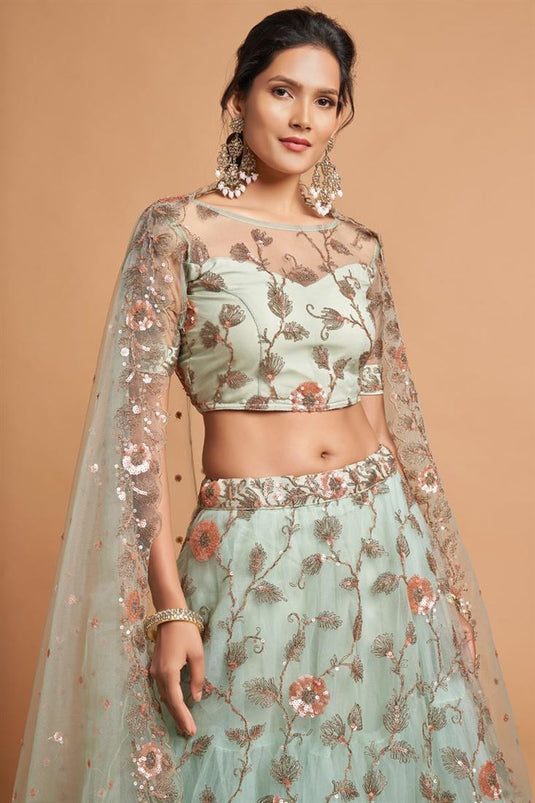 Admirable Net Fabric Embroidered Work Sea Green Color Lehenga In Sangeet Wear