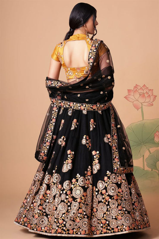 Charming Black Color Net Fabric Lehenga Choli In Sangeet Wear