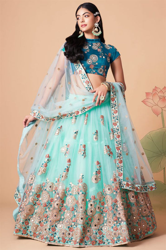 Excellent Net Fabric Light Cyan Color Lehenga Choli In Sangeet Wear