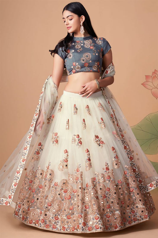 Beguiling Sangeet Wear Off White Color Net Fabric Lehenga Choli