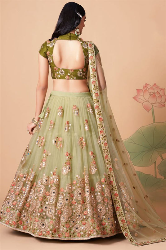 Classic Sangeet Wear Beige Color Lehenga Choli In Net Fabric