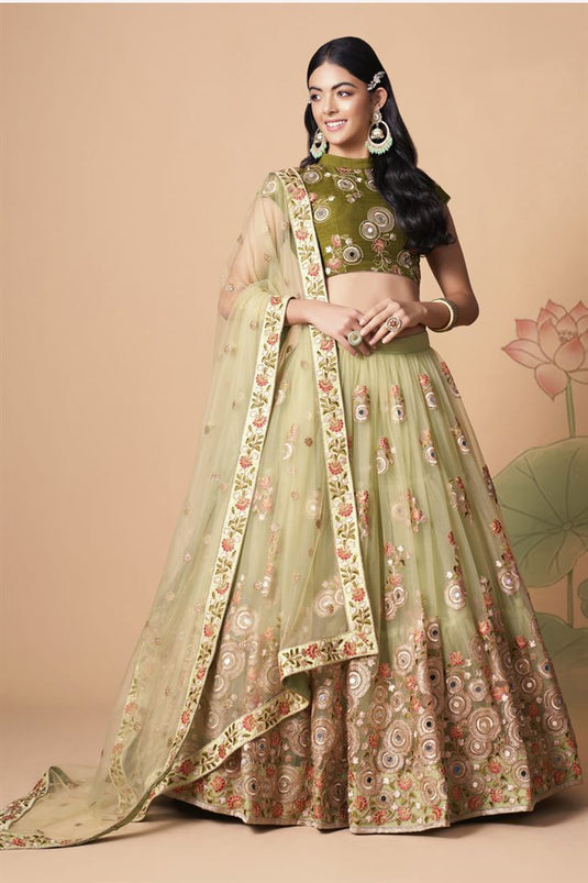 Classic Sangeet Wear Beige Color Lehenga Choli In Net Fabric