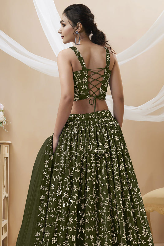 Green Color Pavadai Thavani in Banarasi Fabric South Indian Lehenga Choli in  USA, UK, Malaysia, South Africa, Dubai, Singapore