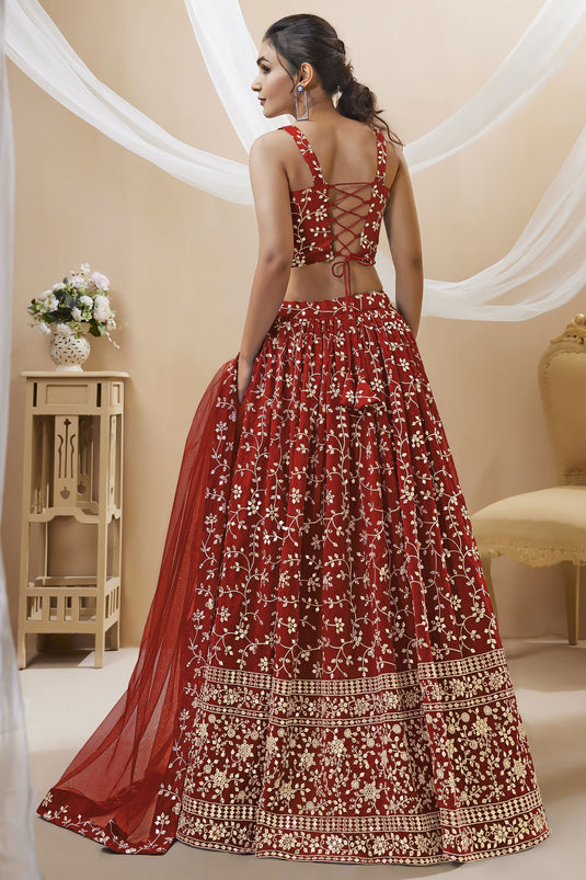 Georgette Fabric Red Color Sangeet Wear Embroidered 3 Piece Lehenga Choli