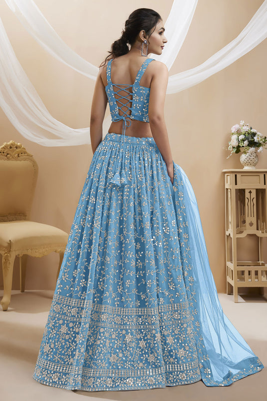 Sky Blue Color Designer Embroidered Lehenga Choli In Georgette Fabric