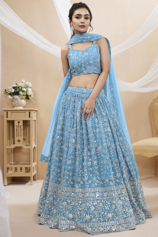 Sky Blue Color Designer Embroidered Lehenga Choli In Georgette Fabric