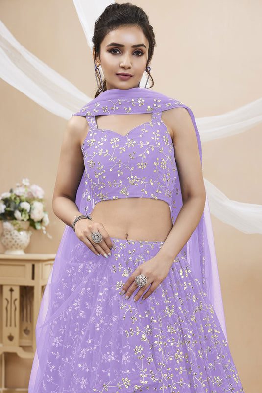 Lavender Color Embroidered Sangeet Wear Lehenga Choli In Georgette Fabric