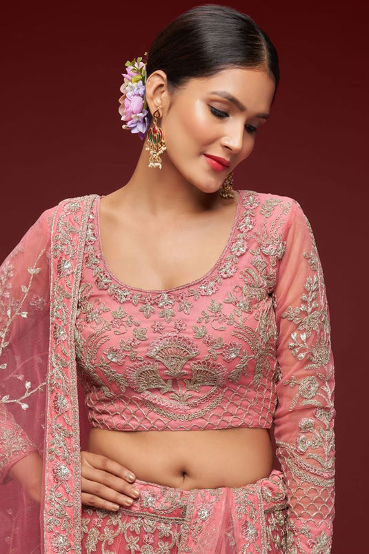 Excellent Net Pink Color Lehenga With Embroidered Work