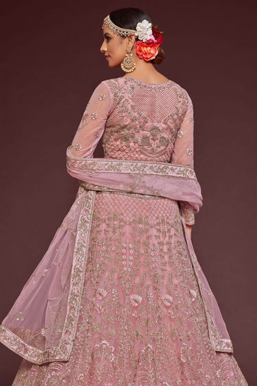 Embroidered Work On Glamorous Lehenga In Pink Color Net Fabric