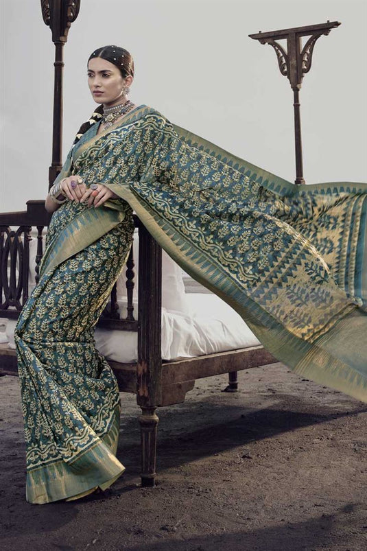 Art Silk Fabric Teal Color Festive Look Solid Printed Saree