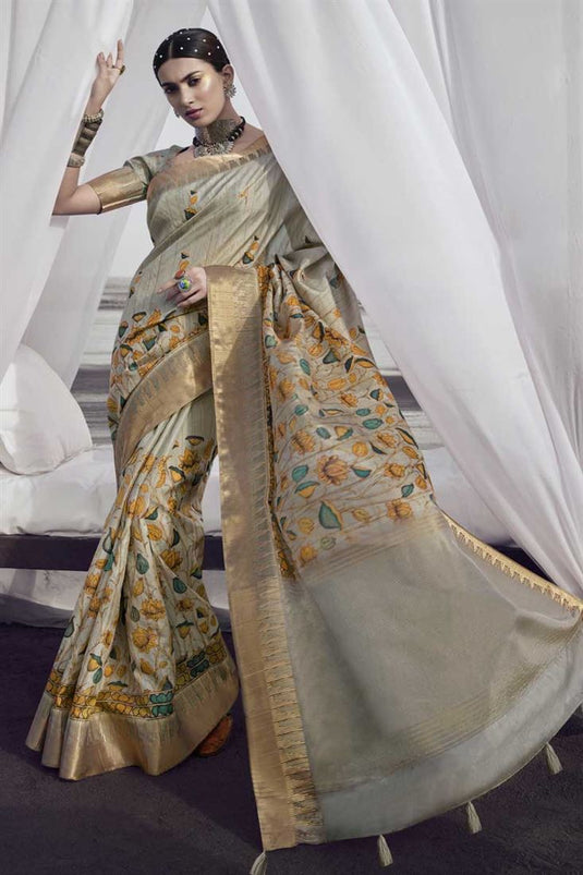 Festive Wear Art Silk Fabric Cream Color Engaging Printed Saree