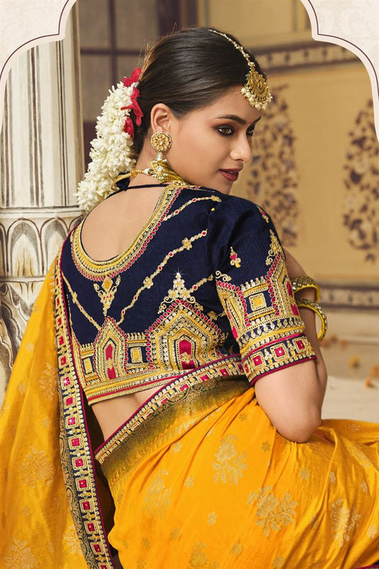 Amazing Yellow Banarasi Silk Saree With Designer Blouse