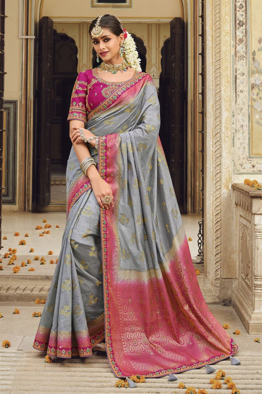 Stunning Cloud Grey Banarasi Silk Saree With Designer Blouse