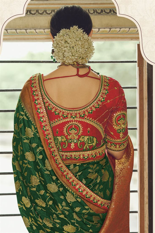 Forest Green Banarasi Silk Saree With Designer Blouse