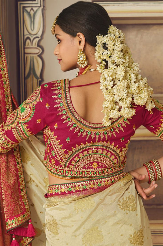 Gorgeous Cream Banarasi Silk Saree With Designer Blouse